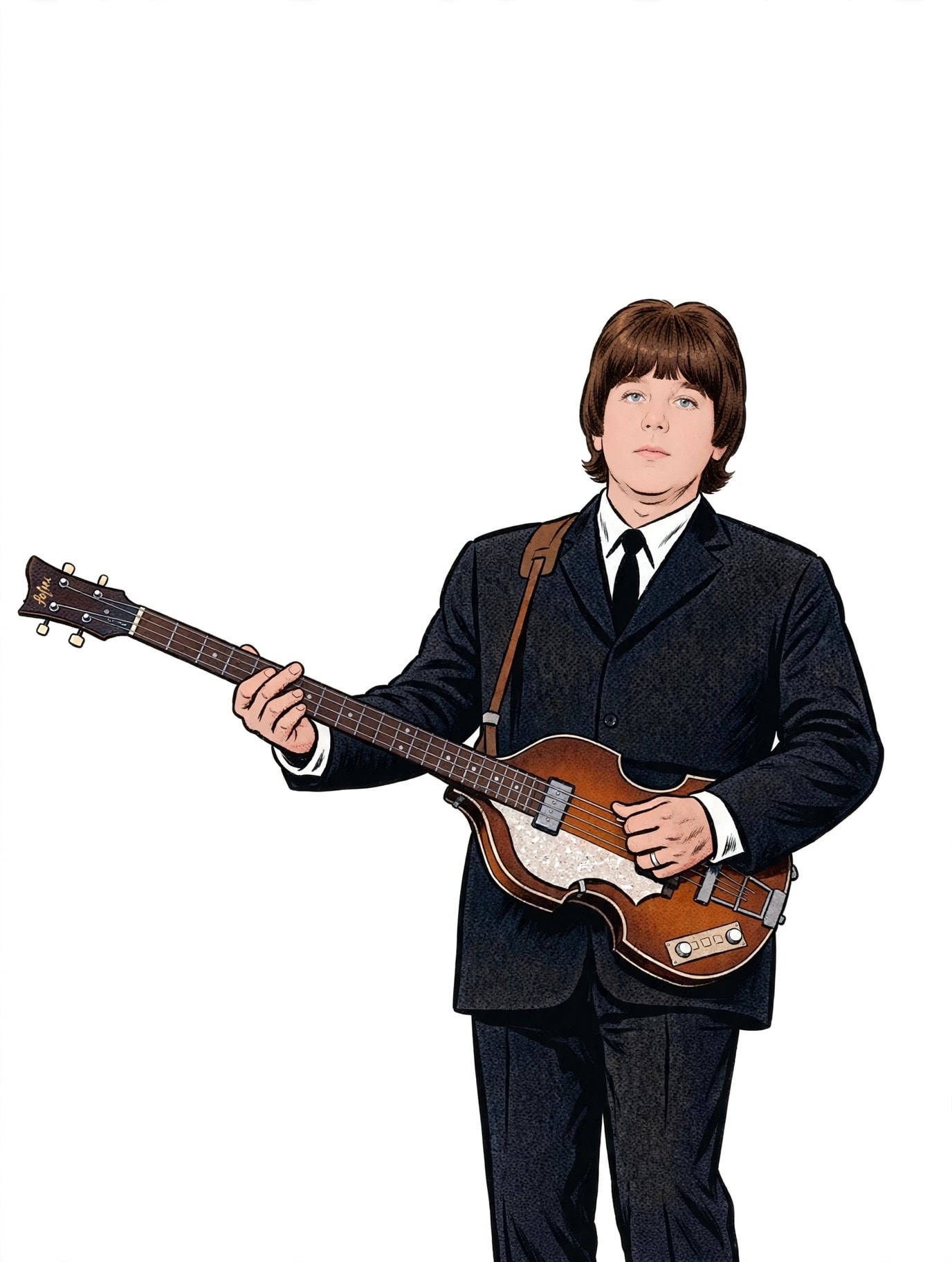 Cartoon illustration of Fab 5 bassist with Hofner guitar