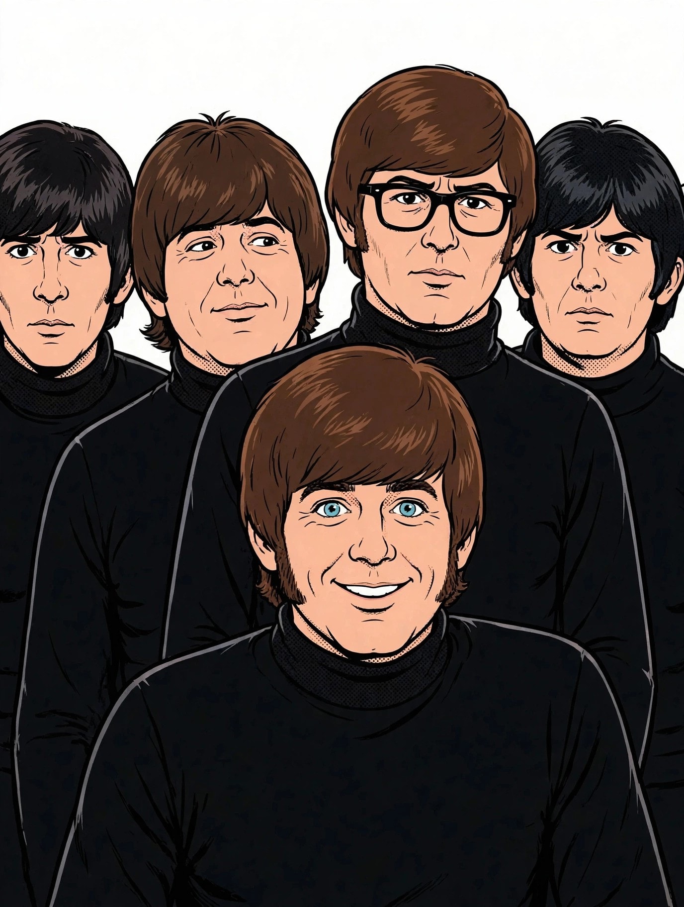 Cartoon illustration of The Fab 5 in black turtlenecks