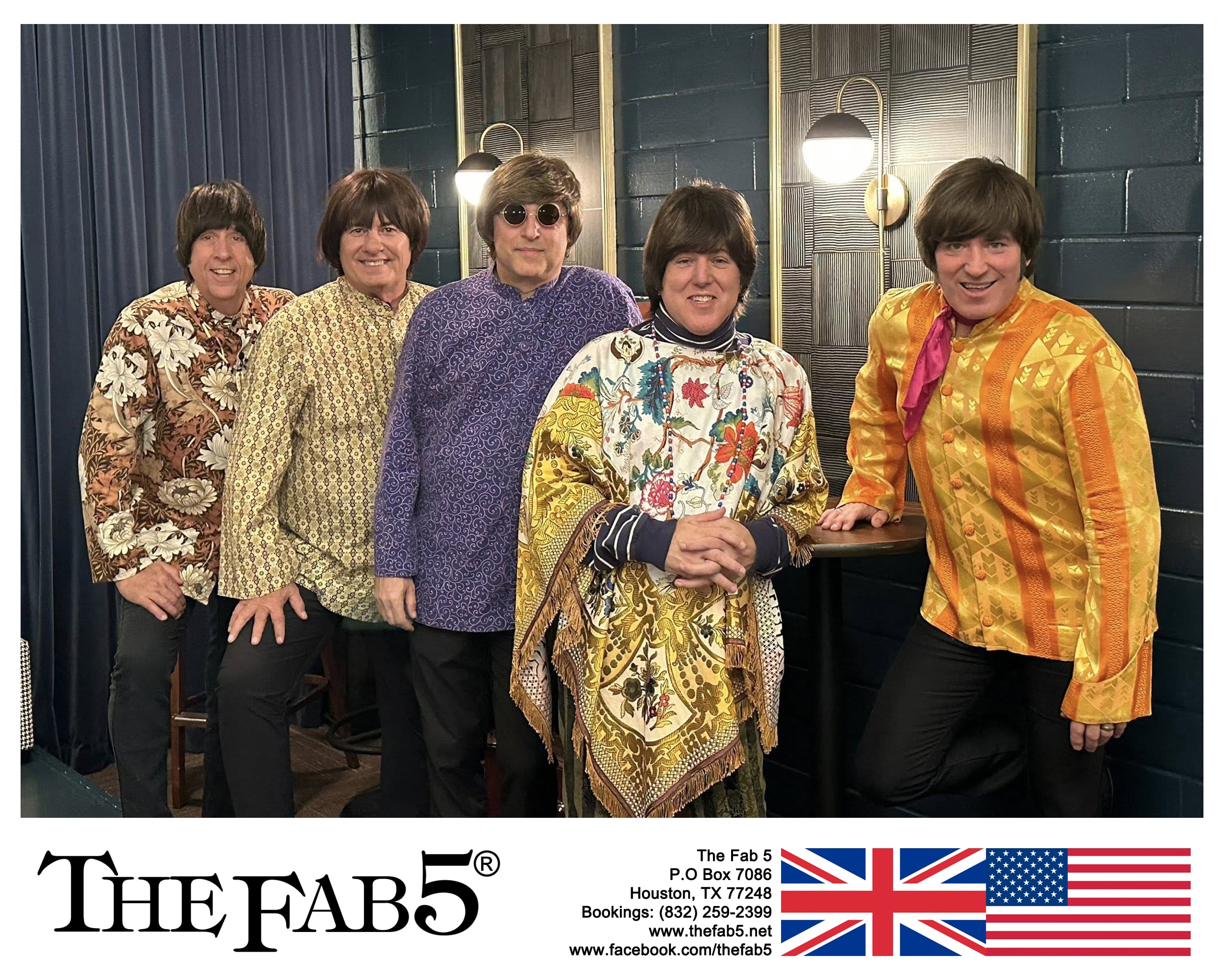 The Fab 5 in colorful 1960s-style outfits with Fab 5 branding