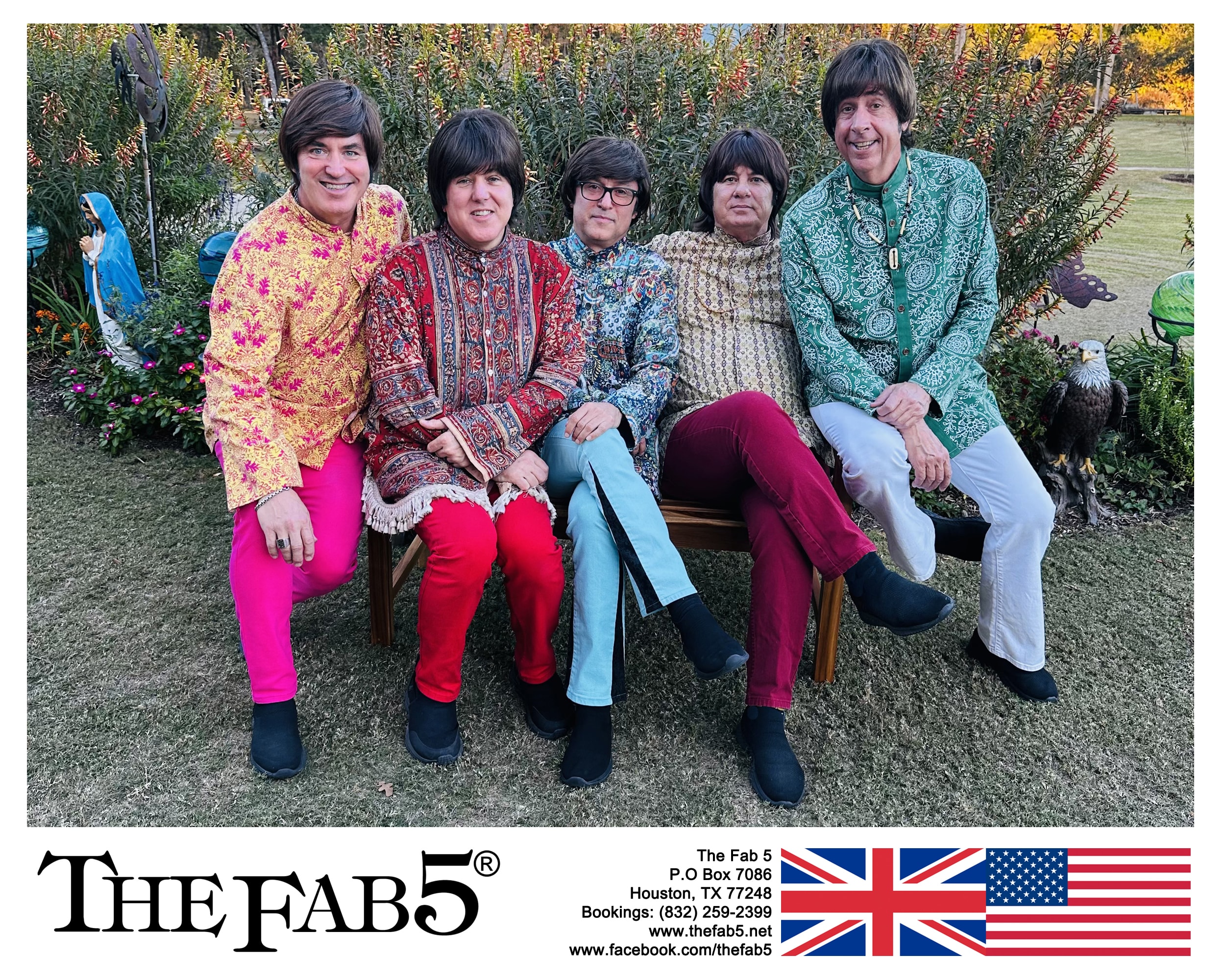 The Fab 5 seated outdoors in colorful patterned outfits