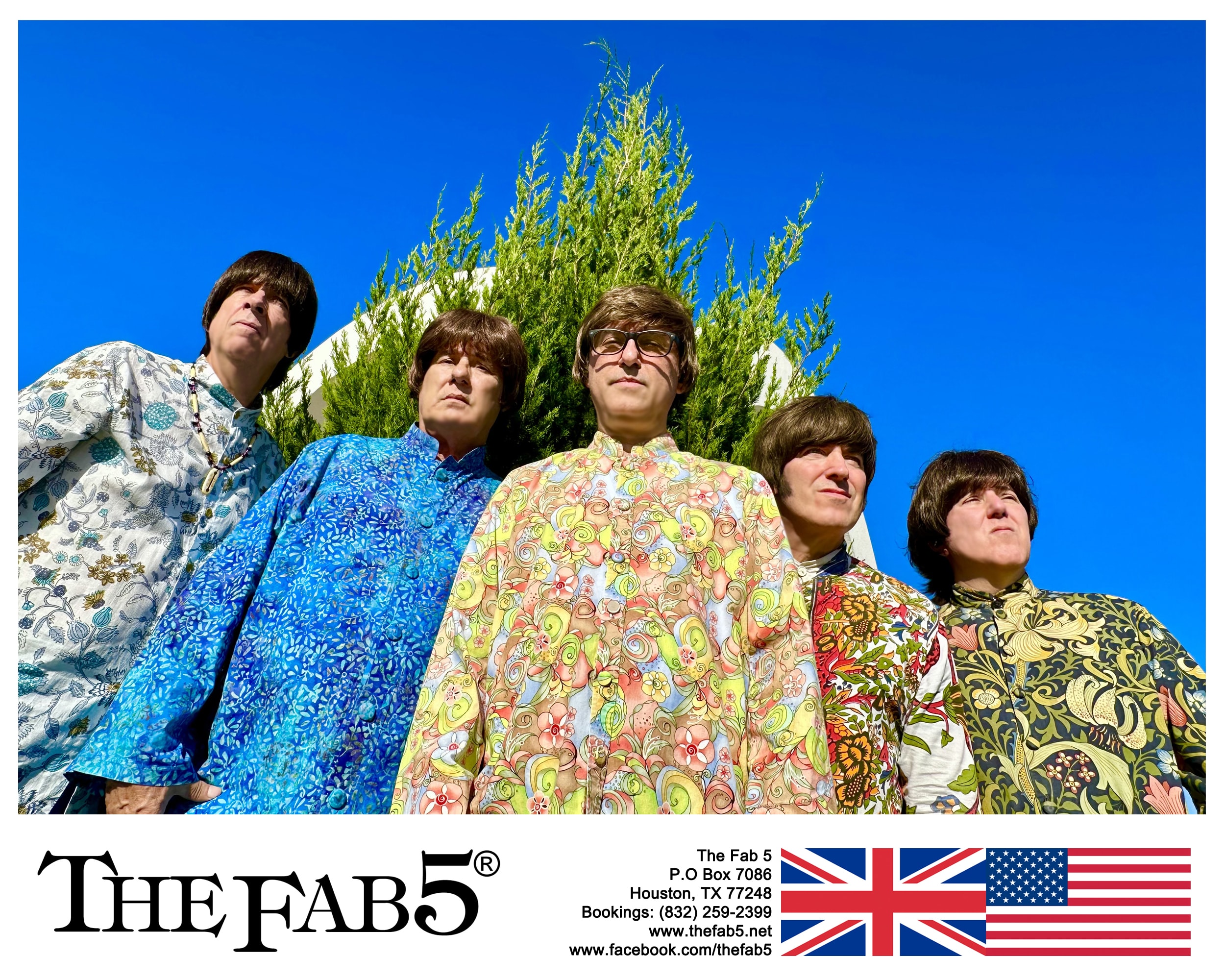 The Fab 5 in colorful patterned jackets against a blue sky