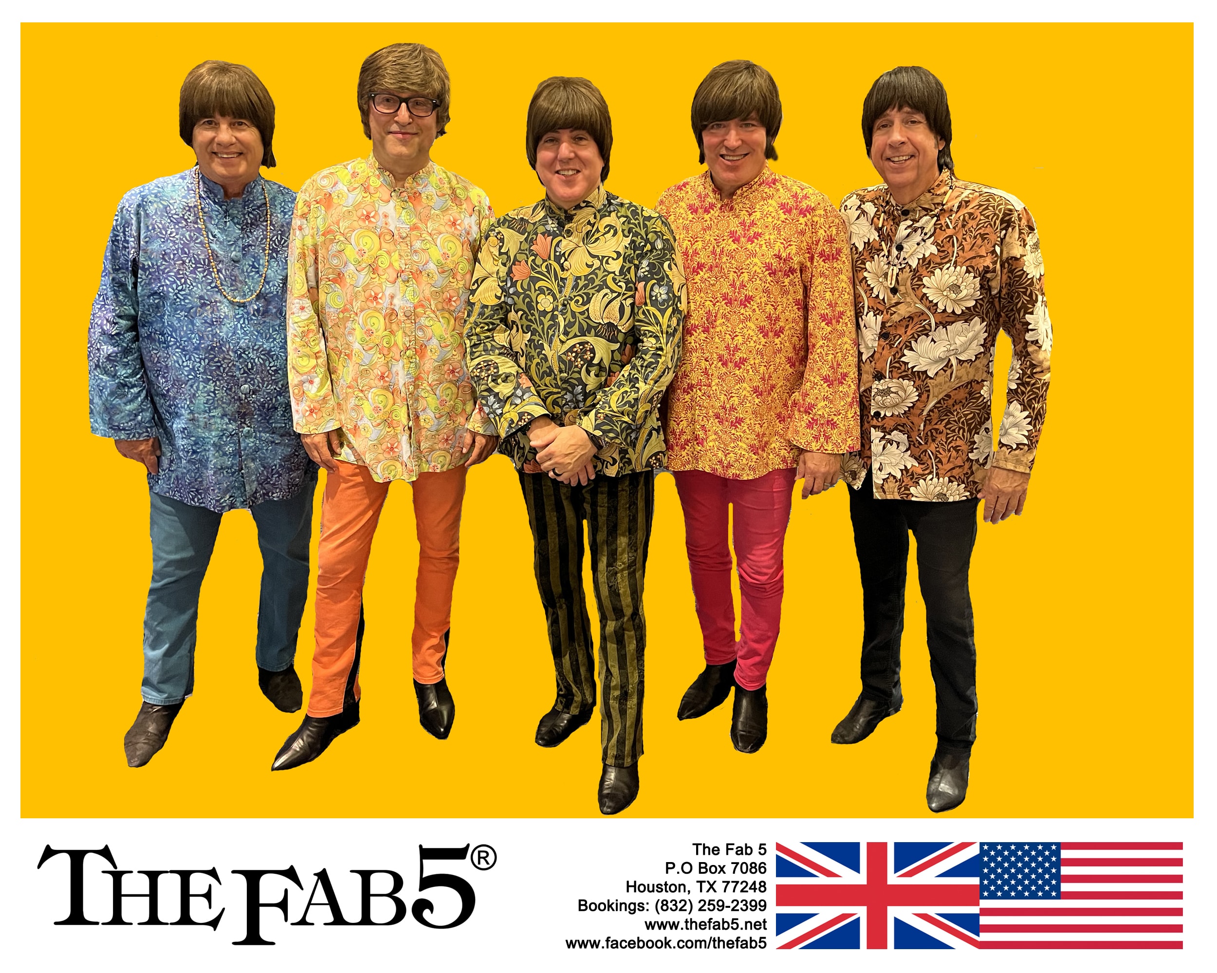 The Fab 5 against a bright yellow background in colorful outfits